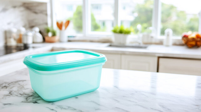 Plastic food container with turquoise lid on marble kitchen counter, featuring kitchen organization and food freshness concepts