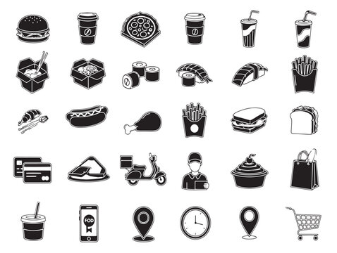 A collection of various black icons on a white background