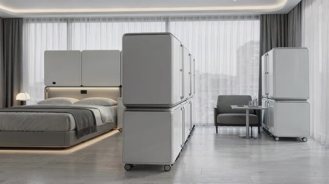 Medium shot showing movable storage units in a futuristic guest suite allowing personalized room reconfiguration and efficient space management.