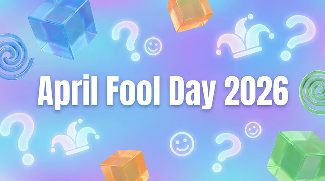 April fool day 2026 celebration graphic featuring neon glowing question marks jester hats and colorful 3d floating cubes on a soft pastel gradient background design