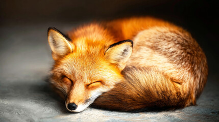 Naklejka premium Peaceful red fox sleeping soundly, curled up tightly with closed eyes, conveying calm and natural tranquility