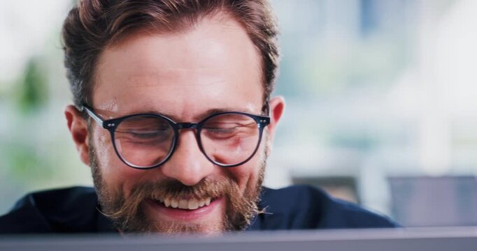 Glasses, laptop and smile of developer man in office for programming, review or system update. Computer, eyewear and web development with programmer person in workplace for application framework