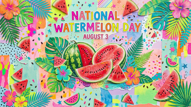 National Watermelon Day paper collage with tropical leaves and watermelon slices Ai generated content