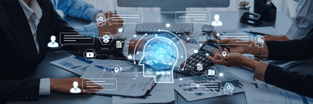 Artificial intelligence AI chat message concept linking users, knowledge base, search and analytics to provide automated NLP data support and informed business decisions, tech model training. Corpus