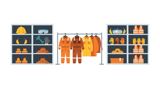 Safety workwear, including coveralls, hard hats, and gloves, is displayed on a rack and cubby shelves.