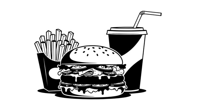 Double cheeseburger with fries and soft drink in a vector graphic illustration