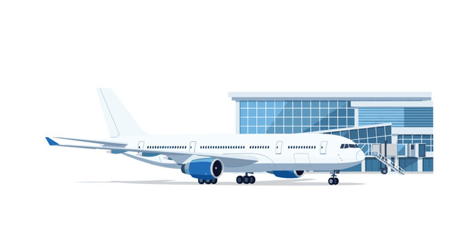 A large white passenger airplane with blue engines is parked at a modern airport terminal with stairs.