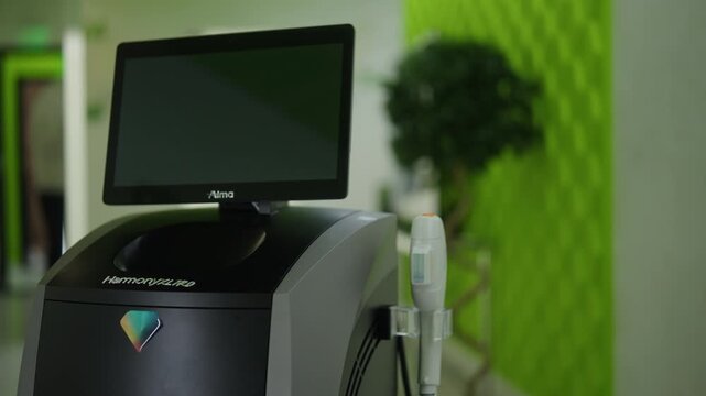 Ufa, Russia - 27 January 2026. Modern medical device with screen and attached applicator, prepared for delivering alma lifting treatments, focusing on innovative skincare and aesthetic procedures.