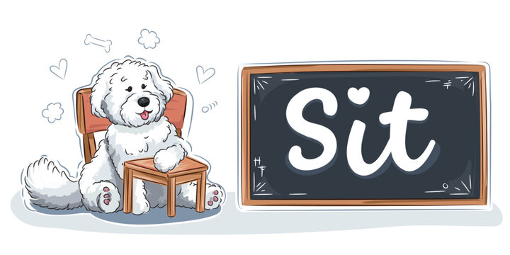 Puppy obedience training graphic. Cute puppy sitting behind school desk next to chalkboard with word sit. Cheerful dog training or kids education theme. Cartoony style. Vector.