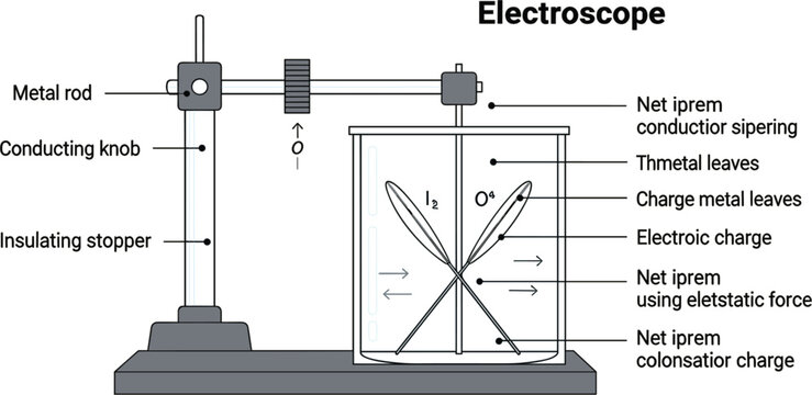 Electroscope Physics Diagram Illustration with Metal Rod, Conducting Knob, Insulator, Charged Leaves and Electrostatic Force Demonstration Concept