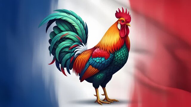 Colorful rooster illustration with French flag background