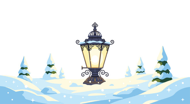 A pixel art ornate black streetlamp with a glowing yellow light illuminates a snow-covered landscape with small pine trees.