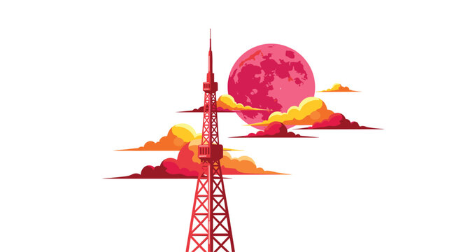 A pixel art red transmission tower stands tall against a white background with a large red moon and orange clouds.
