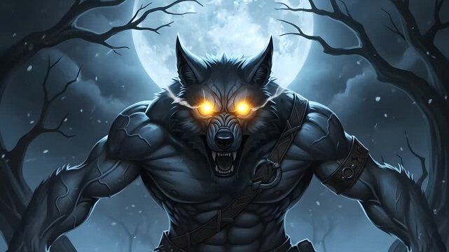Fierce werewolf with glowing eyes under a full moon in a dark forest