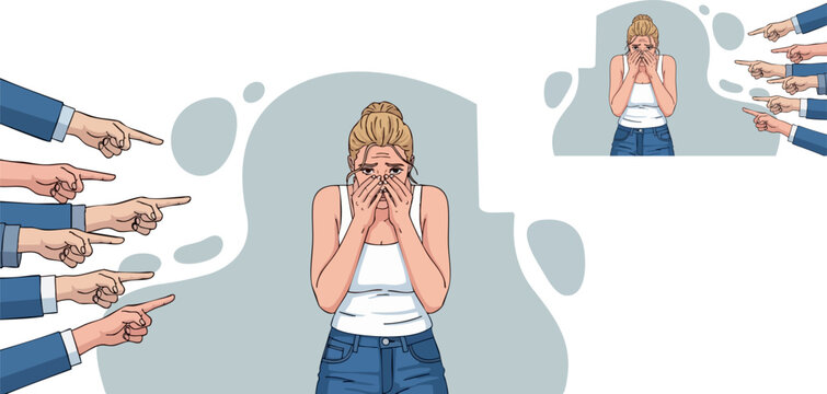 Young woman covering her face in distress while being subjected to multiple instances of public accusation and judgmental pointing hands illustrating bullying pain