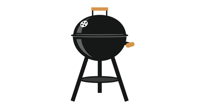 A black kettle-style barbecue grill with wooden handles and three legs stands upright on a circular base against a plain white background.
