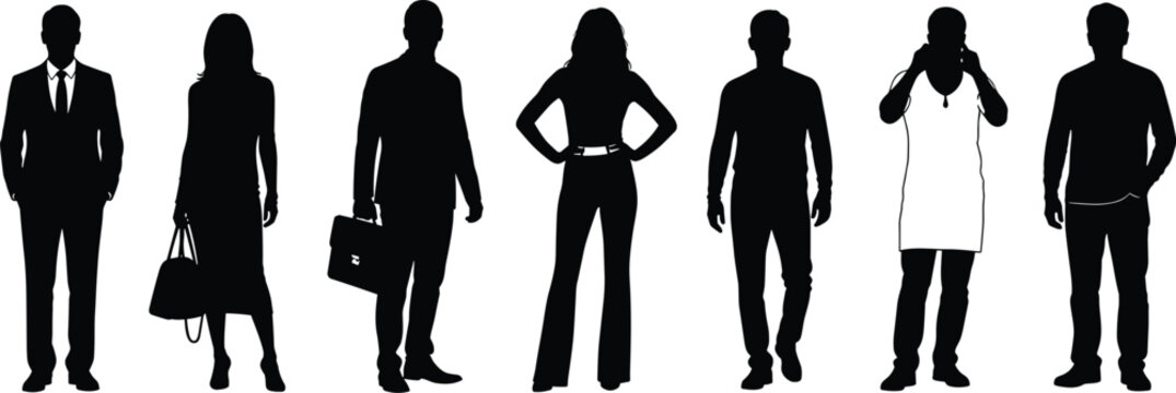 Professional silhouette icons, business attire, casual dress, handbag, briefcase, apron worker, standing pose, diverse roles, lifestyle design, vector illustration
