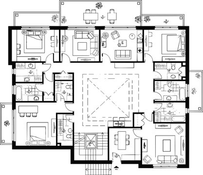 Residential building floor plan, modern home design, architectural blueprint, central courtyard, three bedrooms, living rooms, dining areas, balconies, terraces, symmetry