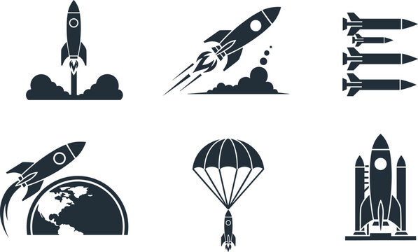 Rocket silhouette icons, spacecraft launch, missile vector, space shuttle, parachute descent, Earth orbit, aerospace design, exploration, technology, flight stages, vector illustration