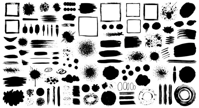 Collection of diverse black paint brush strokes ink splatters and square frames