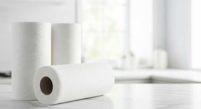  깨끗한 주방 조리대 위에 놓인 세 개의 하얀색 키친타월 롤, 밝은 배경.