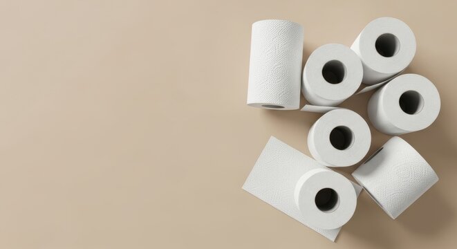 베이지색 배경 위에 무작위로 놓인 여러 개의 흰색 두루마리 화장지, 평면도 및 여백
