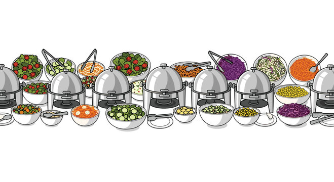 A long line of silver chafing dishes and bowls filled with colorful salads and vegetables are arranged on a white surface.