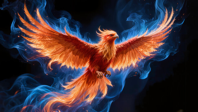 Amazing of red phoenix bird is flying with blue fire effect around the bird , black background.