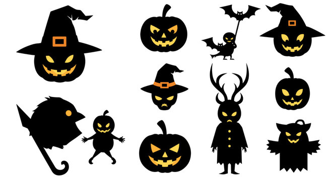 Collection of spooky halloween icons pumpkins witch hats bats and monsters