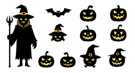 Obraz premium Halloween icons spooky witch jack o lanterns and bat silhouette collection