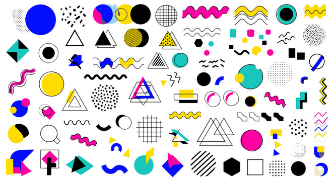 Vibrant memphis style geometric shapes and patterns collection for retro design