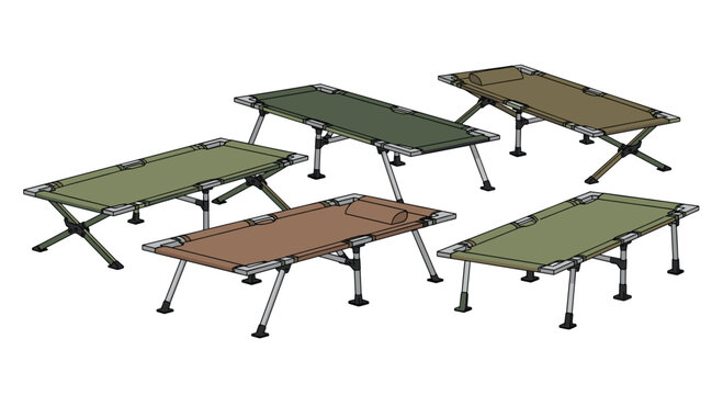 Six portable camping cots in various green and brown shades are arranged in a staggered pattern on a light surface.