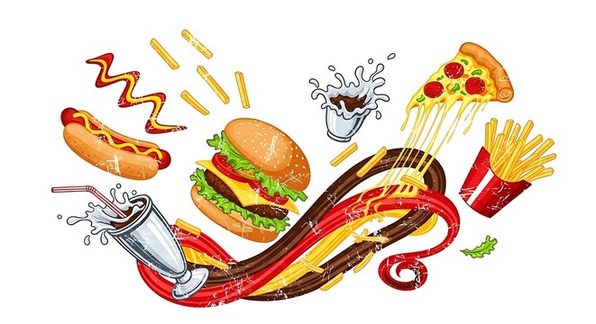 A colorful vector illustration of fast food items including burgers and fries