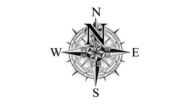 Vintage black and white compass rose with ornate swirls and star center