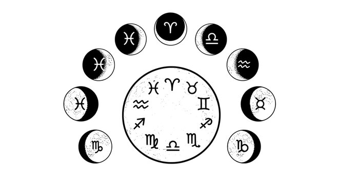 Black and white zodiac circle with twelve astrological symbols