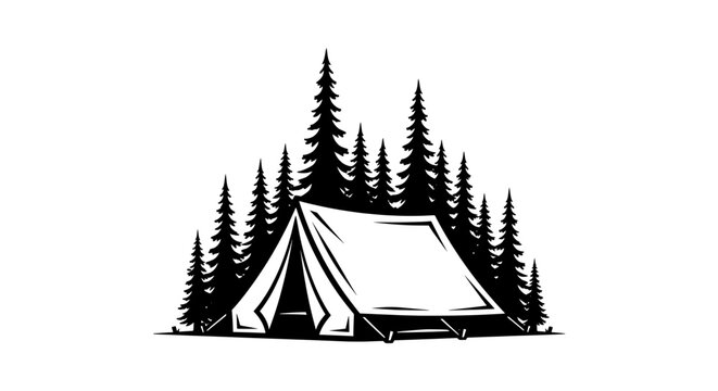Minimalist black and white forest tent surrounded by pine trees
