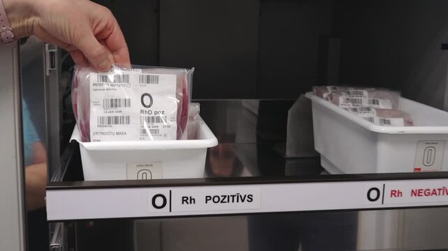 Hand placing blood samples into a laboratory refrigerator, organizing positive and negative Rh factor containers for storage