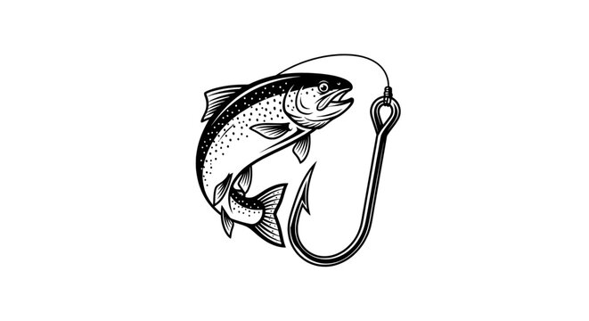Trout caught on hook in minimalist black and white sketch