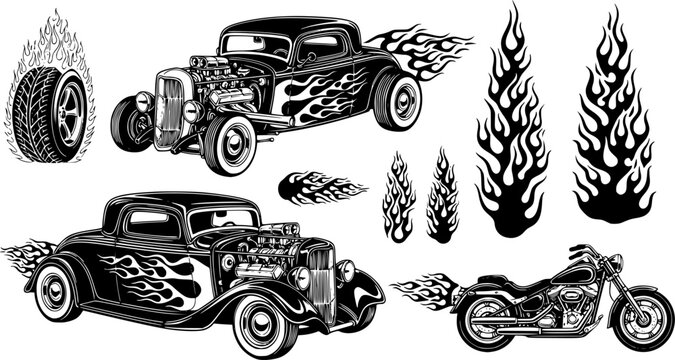 Silhouettes. Vintage hot rods and flames. Vector illustration, transparent background EPS version.