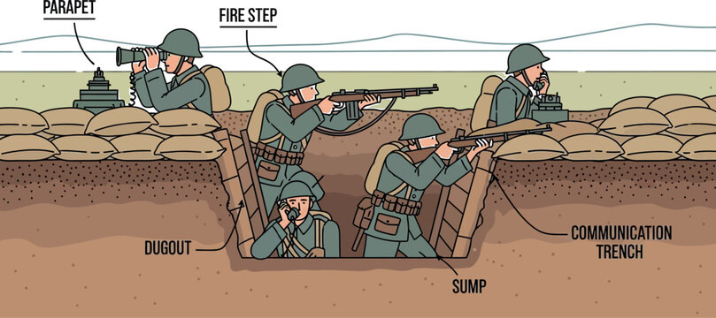 Illustration detailing the various labeled components and roles of a typical World War Two era military trench system manned by infantry soldiers