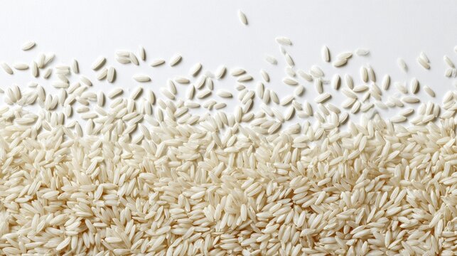 Scattered white rice grain border on white background for food packaging and recipe design, cooking ingredient backdrop and culinary layout