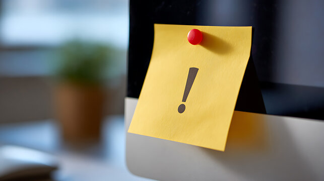 Yellow sticky note with red thumbtack and black exclamation mark on a computer monitor, representing important alert or reminder