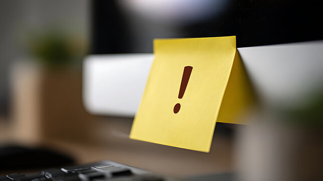 Yellow sticky note with an exclamation mark attached to a computer monitor, signifying an important alert or warning at the workplace or home office