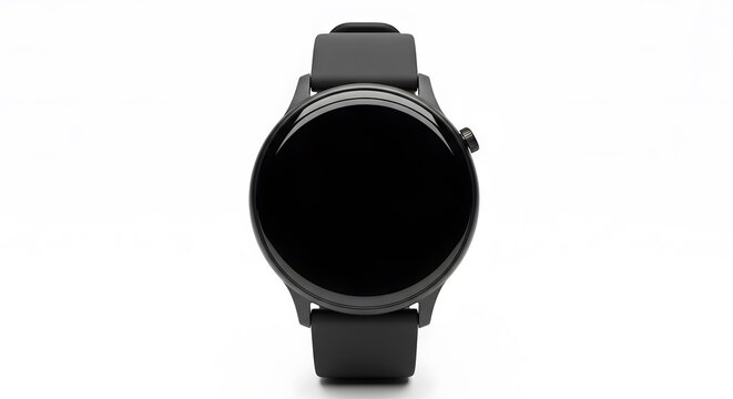 Minimalist black smartwatch with round face on white background