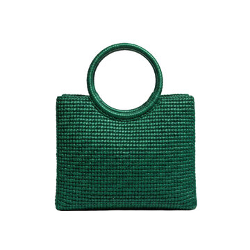 Deep emerald green woven straw handbag with rounded handles and intricate raffia texture displayed against a solid white background, elegant fashion accessory mood