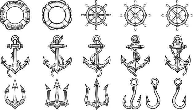 Nautical symbol silhouette illustration set, anchor wheel trident fishing hook maritime artwork, sailing vector design concept