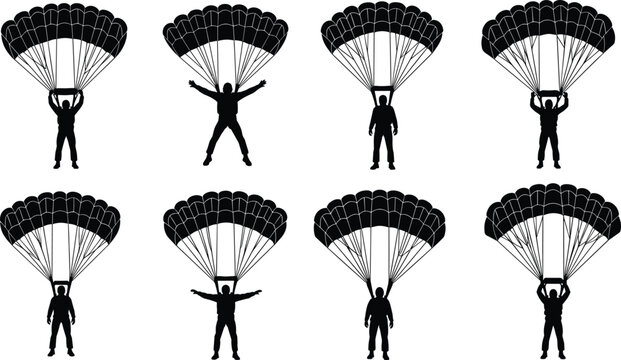 Parachutist silhouette illustration set, skydiver descent canopy flight extreme sport artwork, aerial vector design concept
