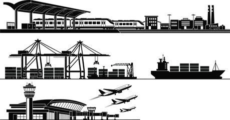 Transportation infrastructure illustration set, train station seaport airport global logistics artwork, rail maritime air vector design concept © Fenshi