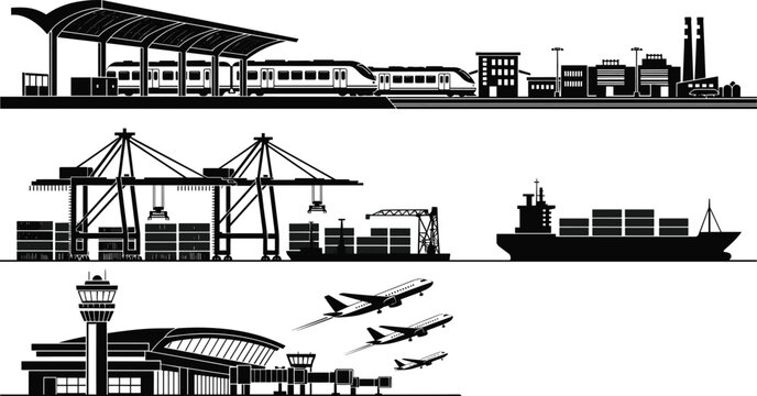 Transportation infrastructure illustration set, train station seaport airport global logistics artwork, rail maritime air vector design concept