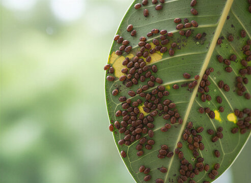 Close-up of a green ficus leaf affected by the scale insect parasite